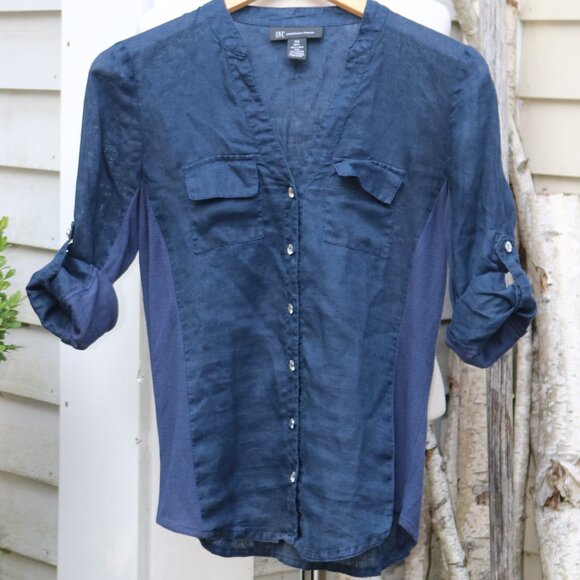 INC Navy Blue Linen w Stretch Sides Crystal Button Roll Tab Sleeve Shirt Sz XS - Picture 2 of 7